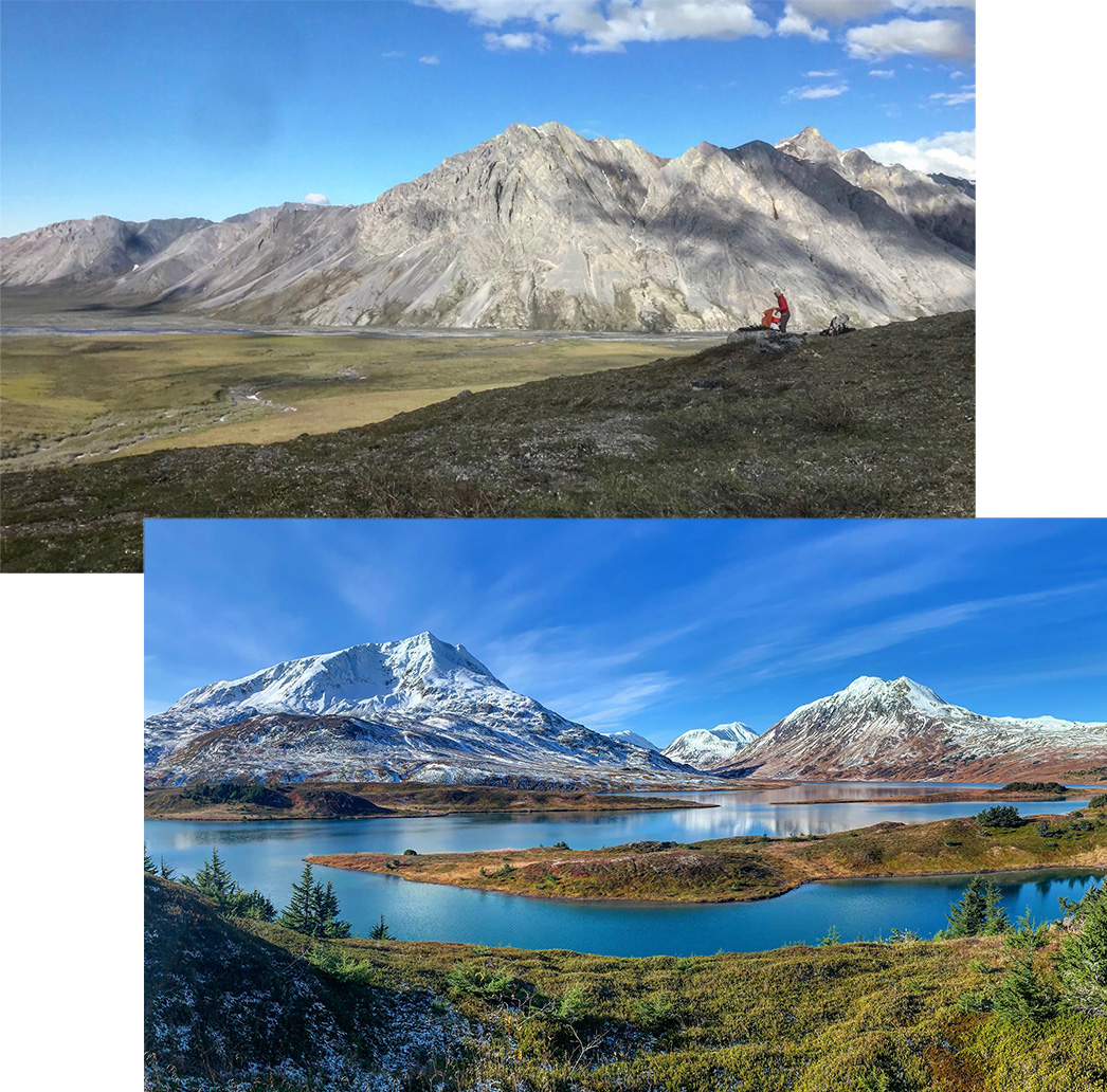 Lost Lake in the Kenai Mountains and a Hiker in the Arctic National Wildlife Refuge of Alaska
